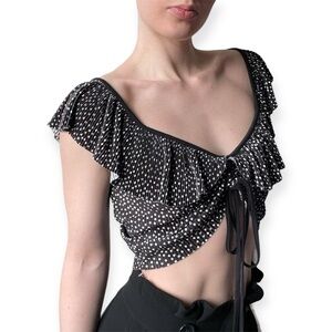 Zara Black White Polka Dot Tiered Ruched Front Tie Crop Top